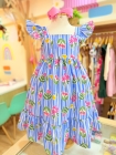 Vestido Listras Flores Azul