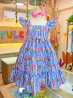 Vestido Listras Flores Azul